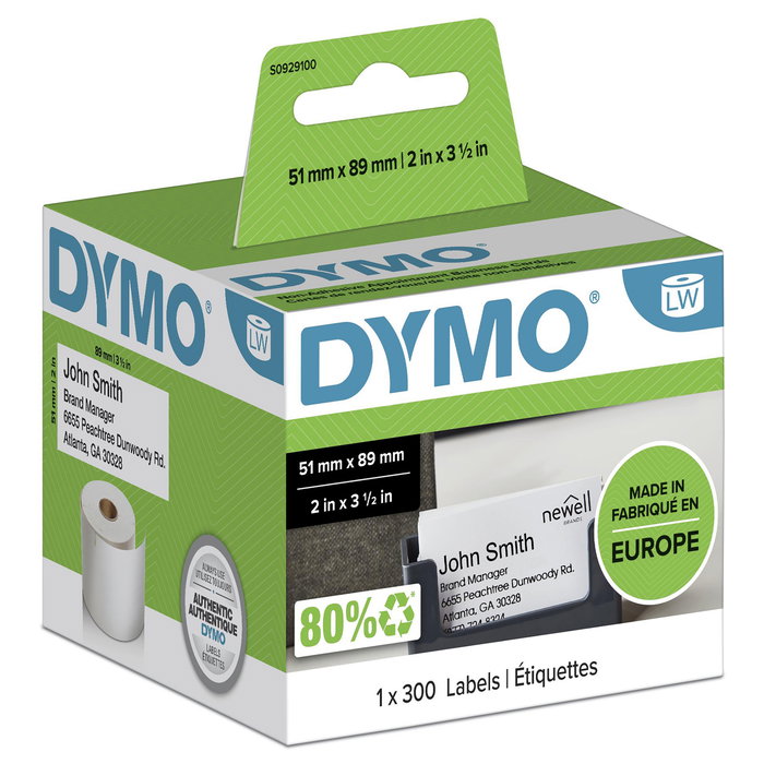 Dymo Etiquetas LabelWriter 51x89 mm, 300 unidades, Papel Blanco No Adhesivas