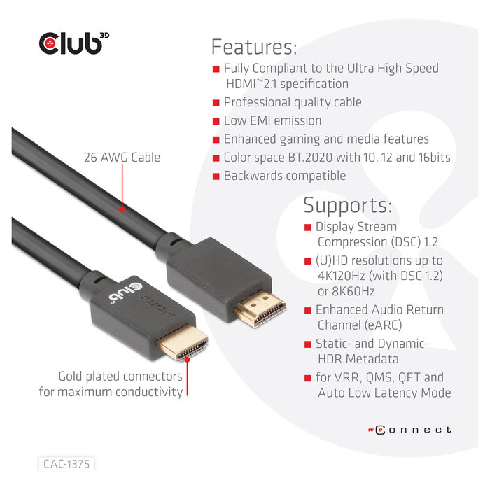 Club 3D Cable HDMI A-A Ultra High Speed 2.1 10K HDR 5 Metros - Retail