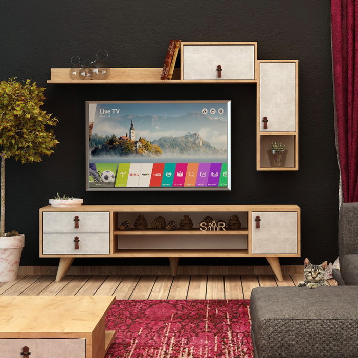 Hanah Home Mueble de TV Roble y Blanco 140cm Ancho con Cajones y Estantes, Diseño Moderno Escandinavo