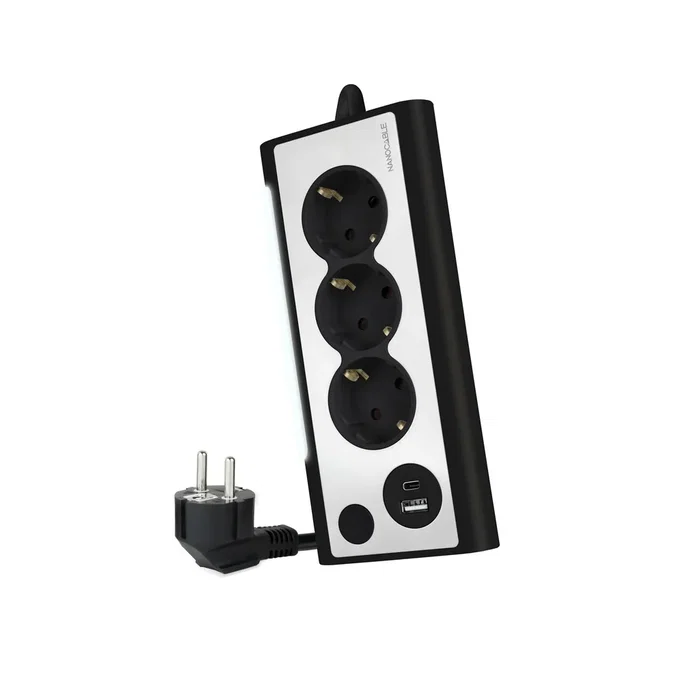 Nanocable 10.37.0013-BK - Regleta de Sobremesa con 3 Tomas + 2 Puertos USB (USB-A y USB-C) para Carga Rápida 18W - Interruptor con Luz LED - Cable 1.5m - Negro