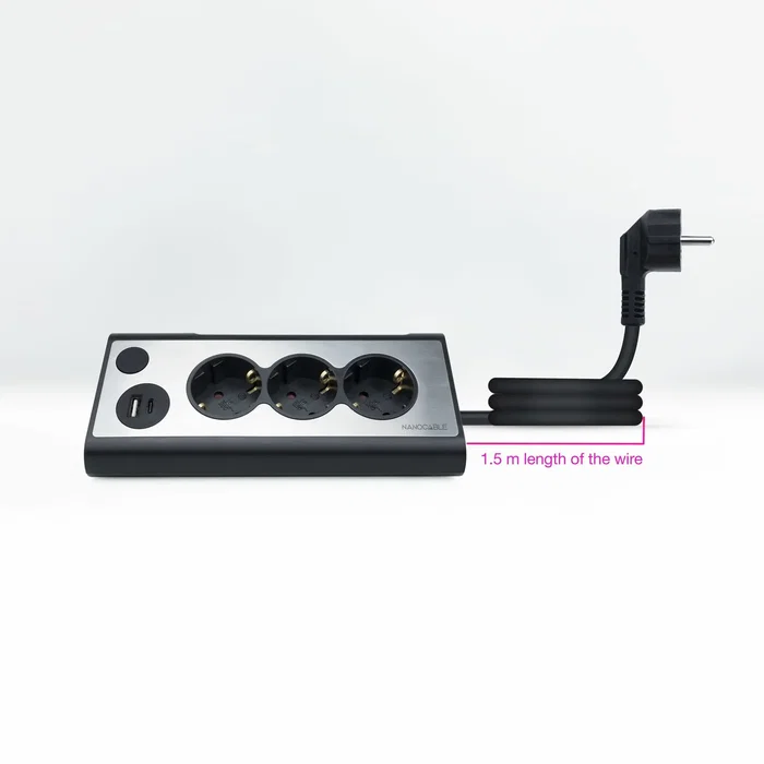 Nanocable 10.37.0013-BK - Regleta de Sobremesa con 3 Tomas + 2 Puertos USB (USB-A y USB-C) para Carga Rápida 18W - Interruptor con Luz LED - Cable 1.5m - Negro
