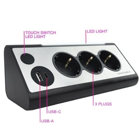 Nanocable - Regleta de sobremesa con 3 enchufes Shucko, 1 USB-C, 1 USB-A, iluminación LED e interruptor - Cable de 1.50 metros - shuckos Nanocable - Regleta de sobremesa con 3 enchufes Shucko, 1 USB-C, 1 USB-A, iluminación LED e interruptor - Cable de 1.50 metros - shuckos