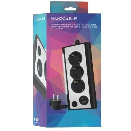 Nanocable - Regleta de sobremesa con 3 enchufes Shucko, 1 USB-C, 1 USB-A, iluminación LED e interruptor - Cable de 1.50 metros - shuckos Nanocable - Regleta de sobremesa con 3 enchufes Shucko, 1 USB-C, 1 USB-A, iluminación LED e interruptor - Cable de 1.50 metros - shuckos