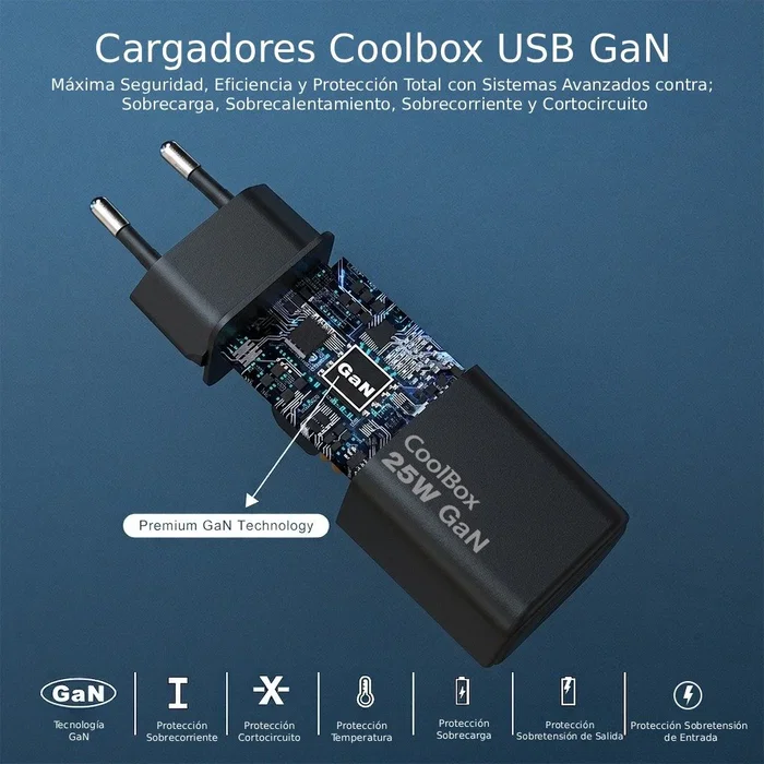 Coolbox Cargador GaN 25W USB-C y USB-A Negro