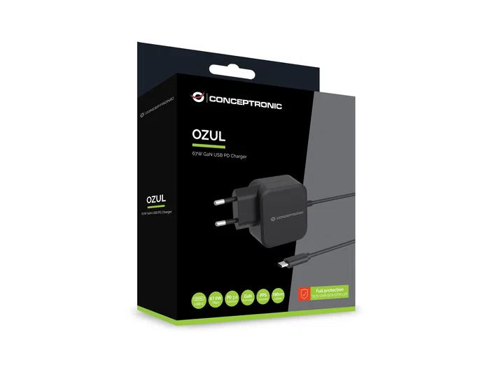 Conceptronic OZUL04BE Cargador de Pared GaN 67W USB-C PD 3.0, Universal, Negro, Cable de 1.8m, Protección Sobrecalentamiento/Sobrecarga