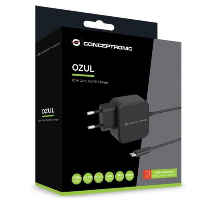 Conceptronic OZUL04BE Cargador Pared USB PD GaN 67W USB-C con Cable Incorporado 180cm Negro