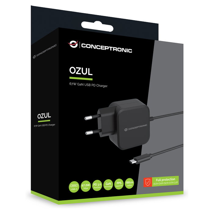 Conceptronic OZUL04BE Cargador de Pared GaN de 67W con Cable USB-C