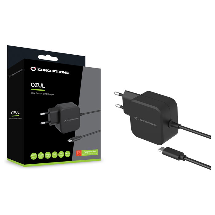 Conceptronic OZUL04BE Cargador de Pared GaN de 67W con Cable USB-C
