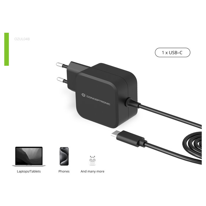 Conceptronic OZUL04BE Cargador de Pared GaN de 67W con Cable USB-C