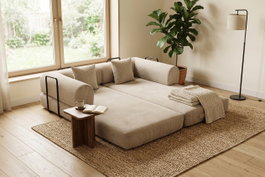 BORDECOR Sof&aacute; cama convertible en pana beige con estructura met&aacute;lica