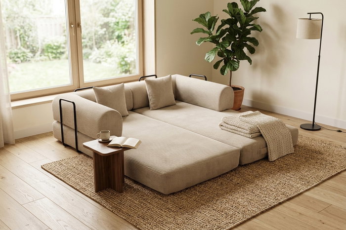 BORDECOR Sofá cama convertible en pana beige con estructura metálica BORDECOR Sofá cama convertible en pana beige con estructura metálica