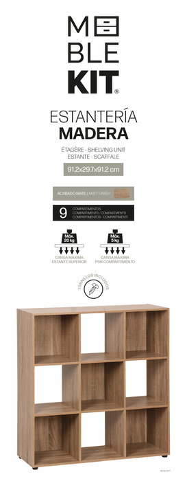 Inde Estantería Cubo con 9 Compartimentos, Mueble de Almacenamiento, Dimensiones 91.2 x 29.7 x 91.2 cm, Color Roble