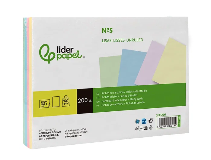 Liderpapel Tarjetas de Estudio Lisas de Colores 170g 160x220mm