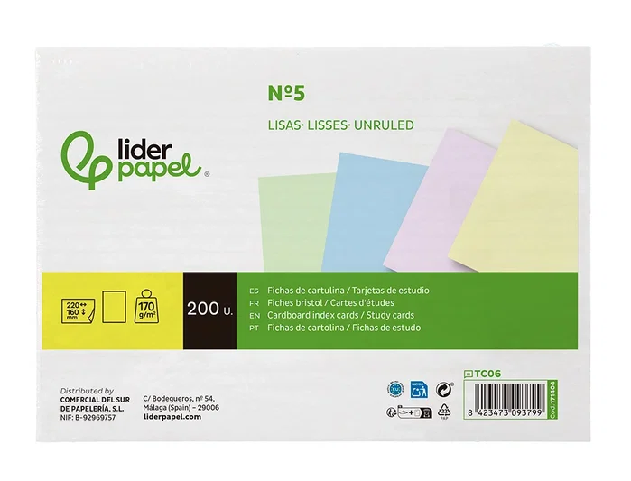Liderpapel Tarjetas de Estudio Lisas de Colores 170g 160x220mm