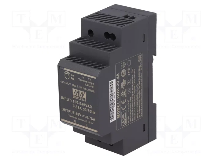 MEAN WELL HDR-30-48 Fuente de alimentación de impulso para carril DIN 48VDC 36W MEAN WELL HDR-30-48 Fuente de alimentación de impulso para carril DIN 48VDC 36W