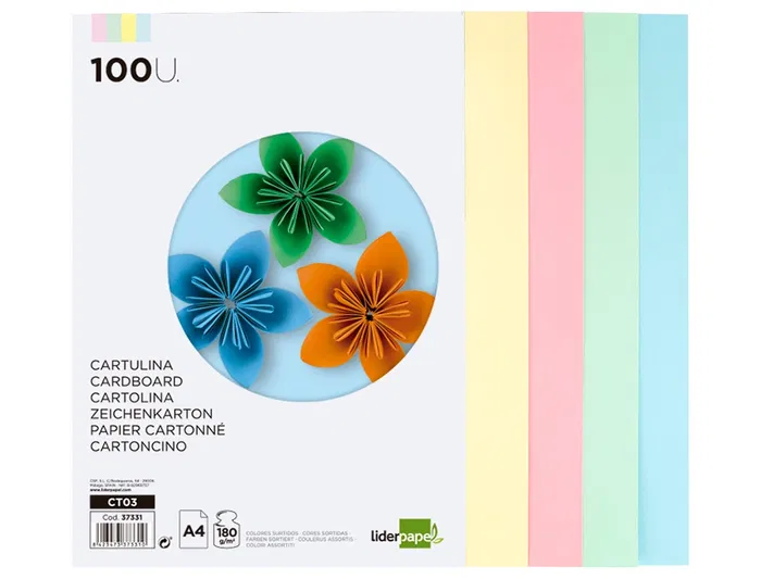 Liderpapel Cartulina A4 180g/m2 100 Hojas Colores Surtidos