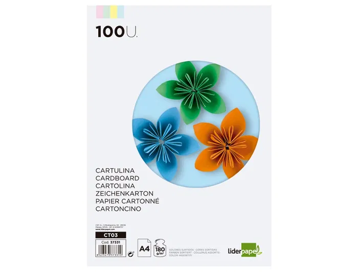 Liderpapel Cartulina A4 180g/m2 100 Hojas Colores Surtidos