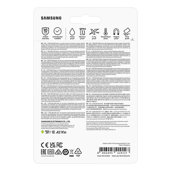 Samsung EVO Plus MicroSDXC Tarjeta de Memoria 256GB MB-MC256S UHS-I U3 V30 A2 160MB/s con Adaptador SD