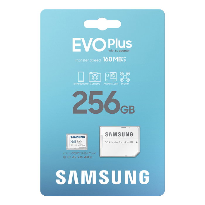 Samsung EVO Plus MicroSDXC Tarjeta de Memoria 256GB MB-MC256S UHS-I U3 V30 A2 160MB/s con Adaptador SD
