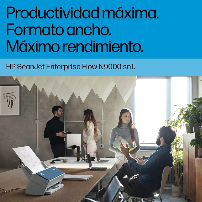 HP ScanJet Enterprise Flow N9000 sn1 Escáner de Documentos con ADF 100 Hojas, A3, Escaneo Duplex 80 ppm/160 ipm, 600 DPI, Color, Pantalla Táctil 4.3", Ethernet, Azul y Blanco