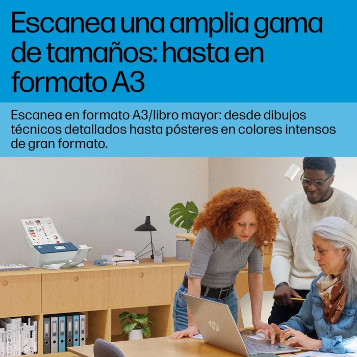 HP ScanJet Enterprise Flow N9000 sn1 Escáner de Documentos con ADF 100 Hojas, A3, Escaneo Duplex 80 ppm/160 ipm, 600 DPI, Color, Pantalla Táctil 4.3", Ethernet, Azul y Blanco