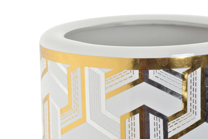 DKD Home Decor Paragüero de Porcelana Geométrico Blanco y Dorado