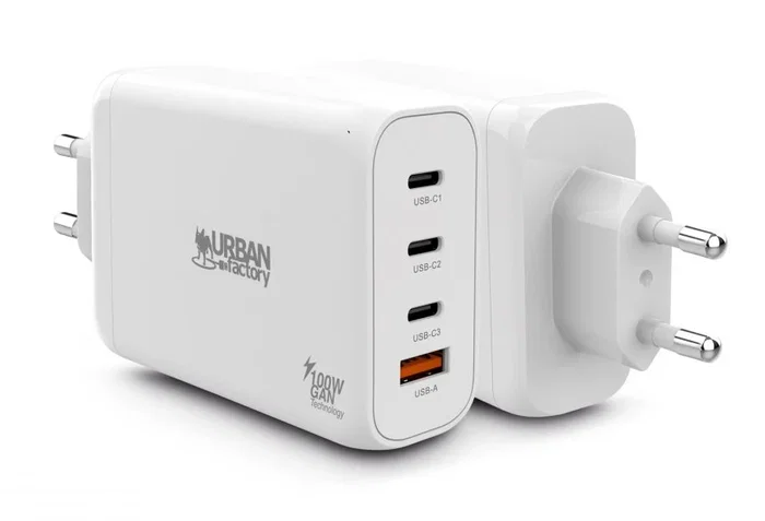 Urban Factory GPS14UF - Cargador de Pared GaN 100W, 4 Puertos (3x USB-C + 1x USB-A), 65W Máx. por Puerto, Carga Rápida, Blanco, Universal