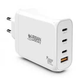 Urban Factory GPS14UF - Cargador de Pared GaN 100W, 4 Puertos (3x USB-C + 1x USB-A), 65W Máx. por Puerto, Carga Rápida, Blanco, Universal
