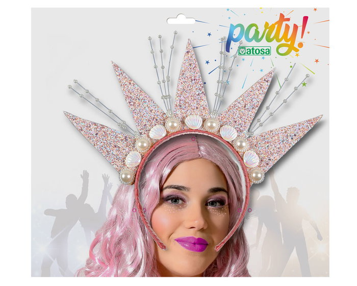 Diadema Princesa Rosa Brillante Corona Marina con Conchas y Perlas Accesorio Polyester