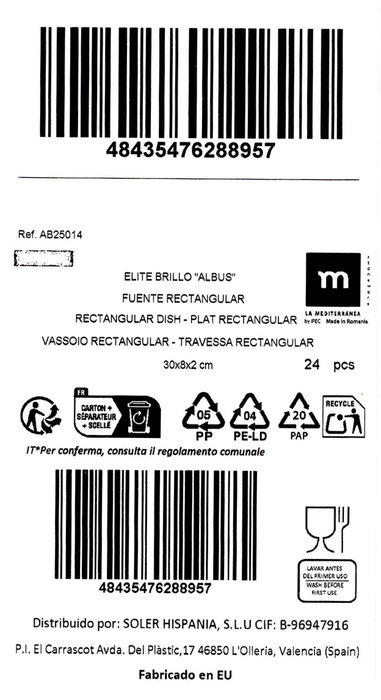 La Mediterranea Fuente Rectangular Albus Elite Brillo 30 cm x 8 cm (24 Unidades) introduced by La Mediterranea