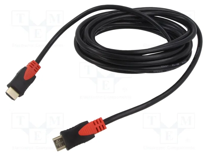 Savio Cable HDMI v2.0 de 5m con conectores dorados, Ethernet y 3D, Negro/Rojo