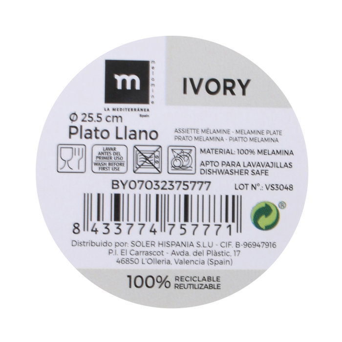 La Mediterranea Plato Llano Melamina Ivory 25,5 cm Mediano