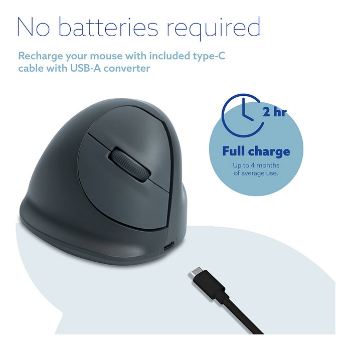 R-Go Ratón Ergonómico Vertical HE Basic para Mano Derecha, Mediano (165-185 mm), Bluetooth 5.0, 1600 DPI, 3 Botones Programables, Recargable, Color Gris