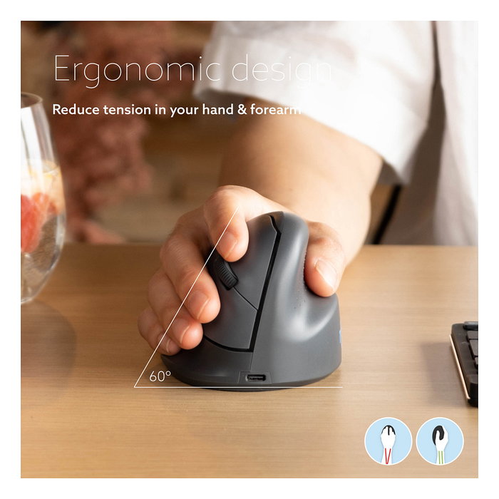 R-Go Ratón Ergonómico Vertical HE Basic para Mano Derecha, Mediano (165-185 mm), Bluetooth 5.0, 1600 DPI, 3 Botones Programables, Recargable, Color Gris