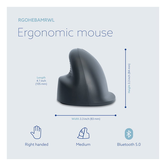 R-Go Ratón Ergonómico Vertical HE Basic para Mano Derecha, Mediano (165-185 mm), Bluetooth 5.0, 1600 DPI, 3 Botones Programables, Recargable, Color Gris