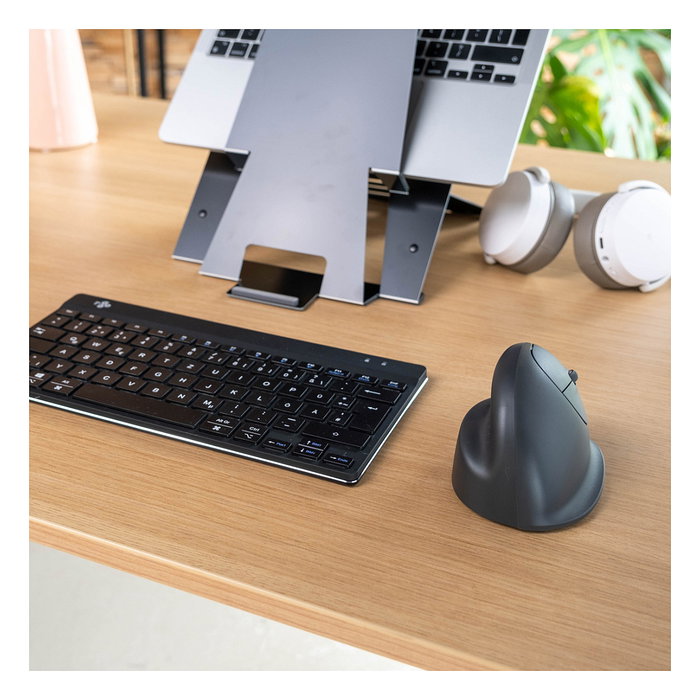 R-Go Ratón Ergonómico Vertical HE Basic para Mano Derecha, Mediano (165-185 mm), Bluetooth 5.0, 1600 DPI, 3 Botones Programables, Recargable, Color Gris