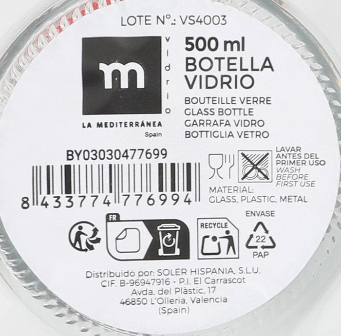 La Mediterranea Botella de 500 ml con Tapón Hermético