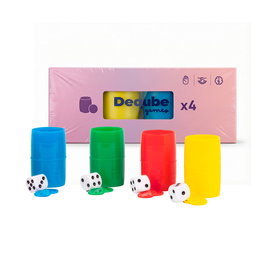 DEQUBE D00434 Set de Fichas y Dados para Parchís 4 Jugadores - Español, Inglés, Portugués - Juego de Accesorios Plástico Resistente +6 años