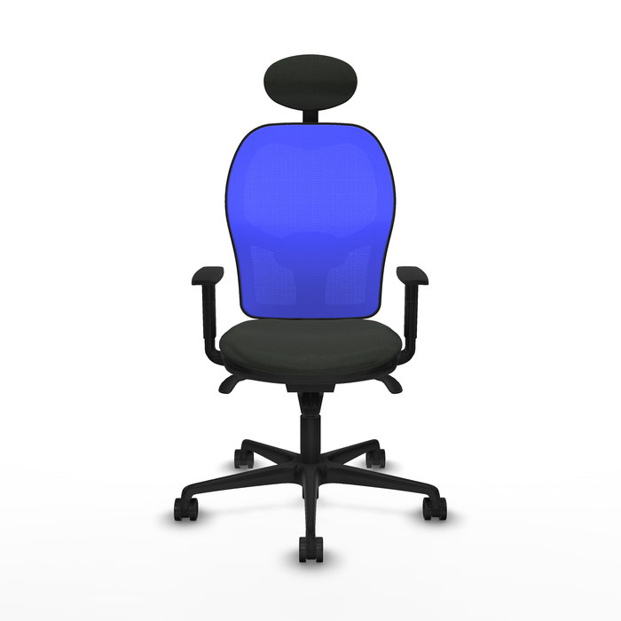 Silla de oficina Jorquera con mecanismo Sincro tapizada con Tela color Negro y malla color Azul. Equipada con lumbar 1D, Brazos 1D, Cabecero Fijo y Ruedas 65mm nailon