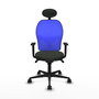 Silla de oficina Jorquera con mecanismo Sincro tapizada con Tela color Negro y malla color Azul. Equipada con lumbar 1D, Brazos 1D, Cabecero Fijo y Ruedas 65mm nailon