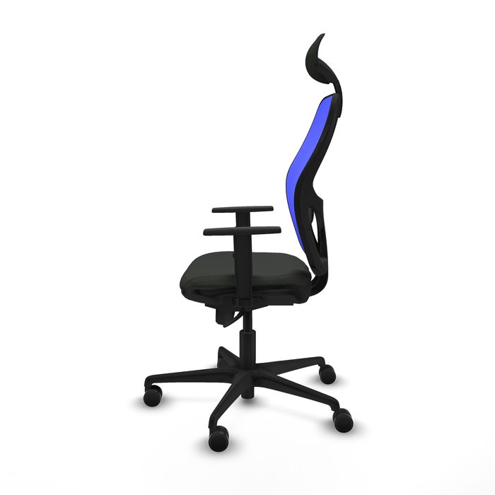 Silla de oficina Jorquera con mecanismo Sincro tapizada con Tela color Negro y malla color Azul. Equipada con lumbar 1D, Brazos 1D, Cabecero Fijo y Ruedas 65mm nailon