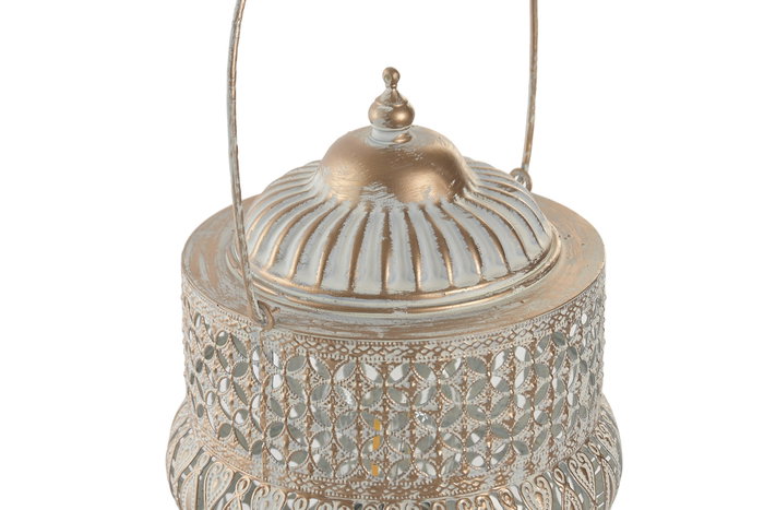 DKD Home Decor Farola Árabe con LED, 14.5 x 19.5 x 14.5 cm, Color Blanco y Dorado, Funciona con 2 Pilas AAA