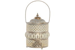 DKD Home Decor Farola Árabe con LED, 14.5 x 19.5 x 14.5 cm, Color Blanco y Dorado, Funciona con 2 Pilas AAA