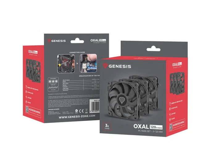 Genesis Oxal 120 - Pack de 3 Ventiladores para Caja de PC 120 mm, 1300 RPM, 22.1 dB, 46.1 CFM, 1.05 mmH2O, Color Negro, 3 Pines
