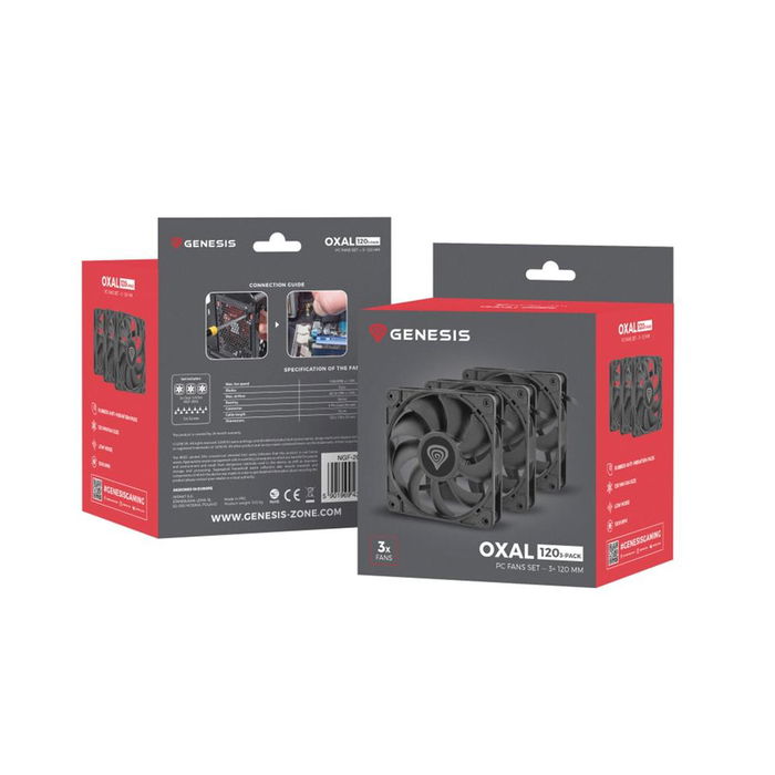 Genesis Oxal Ventilador de Caja 120mm Negro - Pack de 3, 1300 RPM, 46.1 CFM, 22.1 dB, Conector 3 Pines, para PC