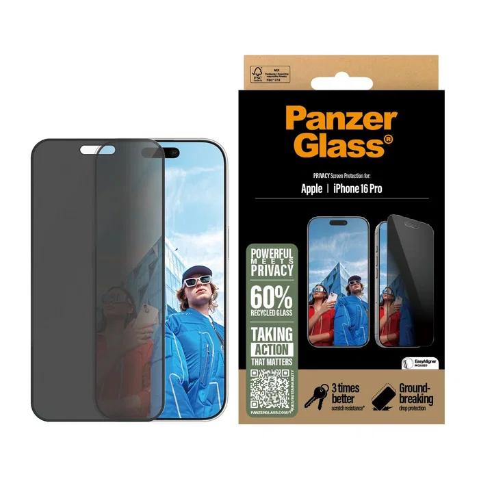 PanzerGlass Protector de Pantalla de Privacidad de Vidrio Templado para Apple iPhone 16 Pro (6.3") - Ultra-Wide Fit con EasyAligner, Antihuellas, Aplicación en Seco