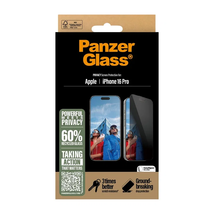 PanzerGlass Protector de Pantalla de Privacidad de Vidrio Templado para Apple iPhone 16 Pro (6.3") - Ultra-Wide Fit con EasyAligner, Antihuellas, Aplicación en Seco