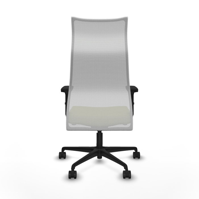 Sillón Albacete con mecanismo Sincro tapizada con Tela color Verde oliva y malla color Blanco. Equipado con Base nailon negra, Brazos 2D y Ruedas 65mm nailon