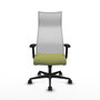 Sillón Albacete con mecanismo Sincro tapizada con Tela color Verde oliva y malla color Blanco. Equipado con Base nailon negra, Brazos 2D y Ruedas 65mm nailon