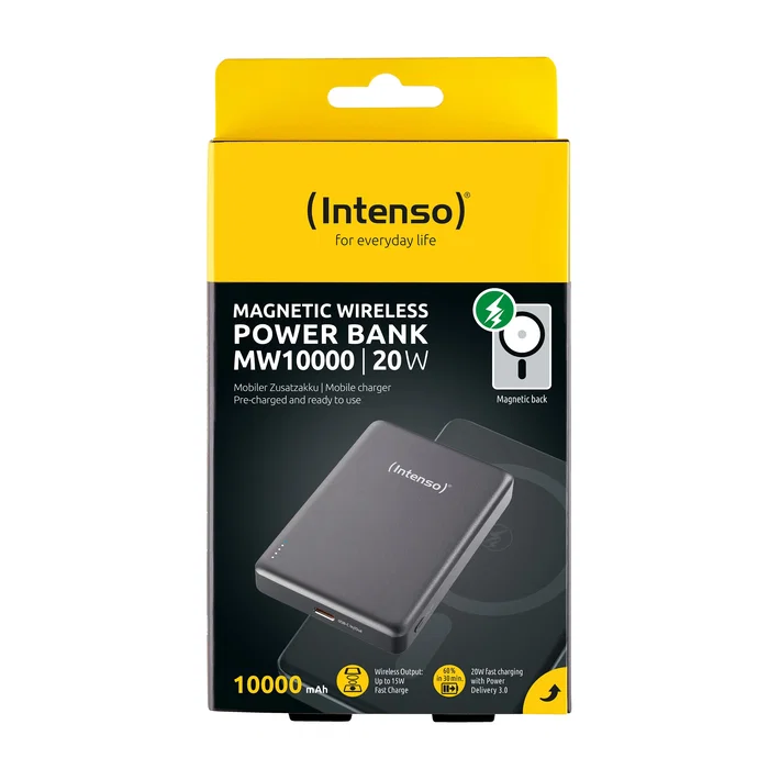 Intenso MW10000 Batería Externa Powerbank 10000 mAh, Compatible MagSafe, Carga Inalámbrica 15W y USB-C PD 20W, Gris